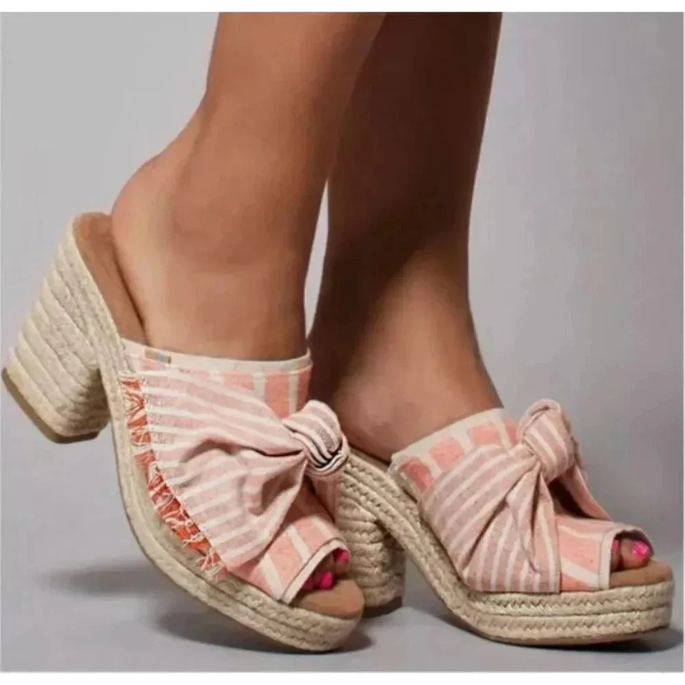NWOT TOMS Junie Espadrille Cabana Coral Stripe Bow Mules Sz 6